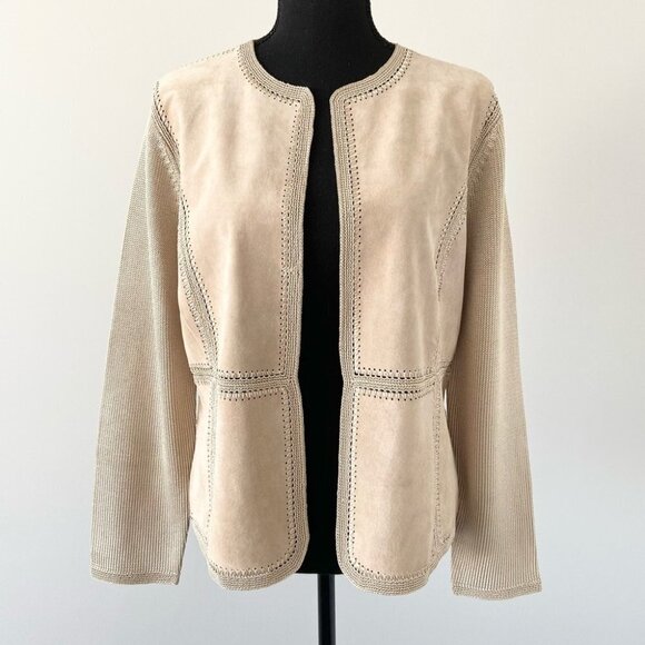 NWOT Jones New York  Suede Crochet Patchwork Open Front Jacket - Picture 1 of 16